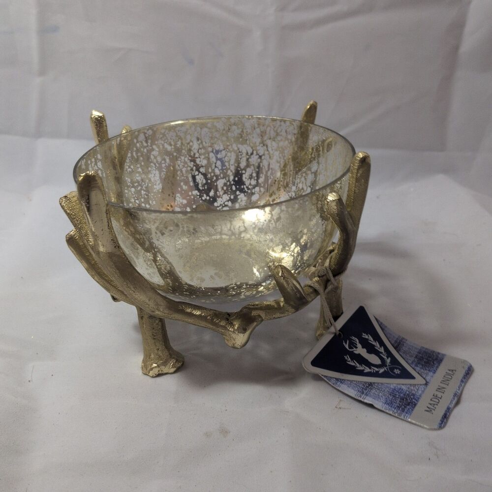 India Handicrafts Inc Gold Antler Twig Mercury Glass Centerpiece Bowl 6" NEW